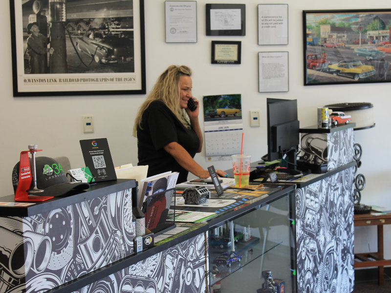 Missie at the front desk